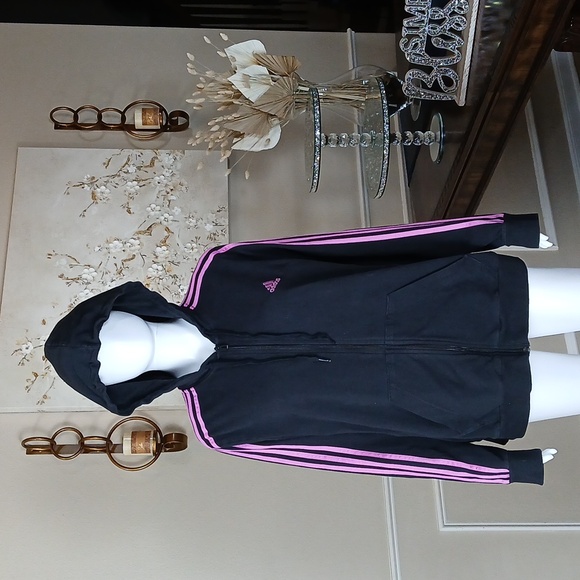 Adidas Black Hoodie With Pink Classic Stripes Front Zip. Size XL - Picture 8 of 17